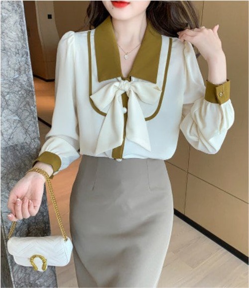 トップス シャツ ブラウス レディース 配色ブラウス シフォン 長袖 パール風ボタン 女性 お出かけ パーティ お食事 シーン 春 夏 大人 リボン フェミニン 薄手 きれい見え 可愛い