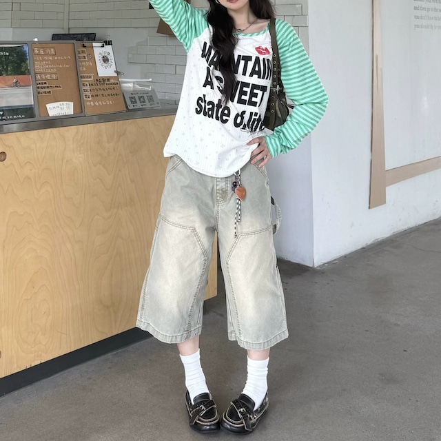 ボーダーラグランリッププリントロングスリーブTシャツ 2col R02471