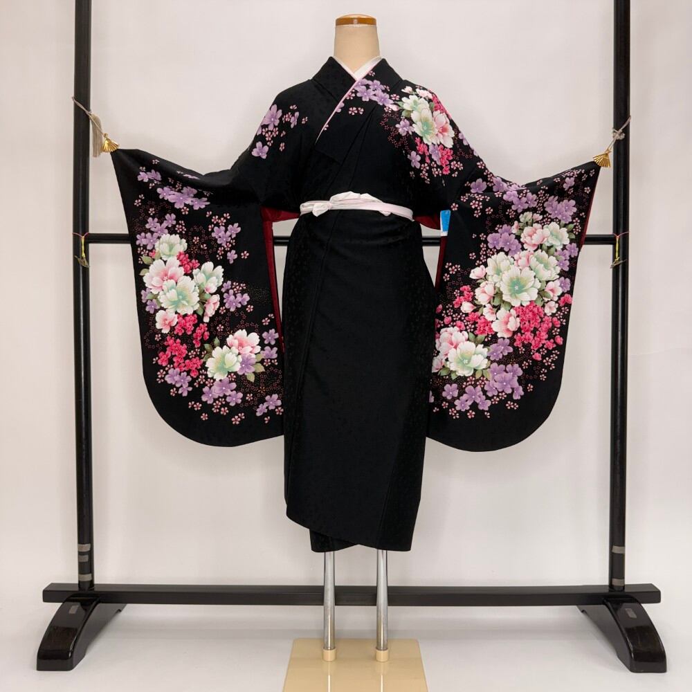 二尺袖 単品 卒業式着物 黒 裄69cm Lサイズ 袴用着物 化繊 中古 5808