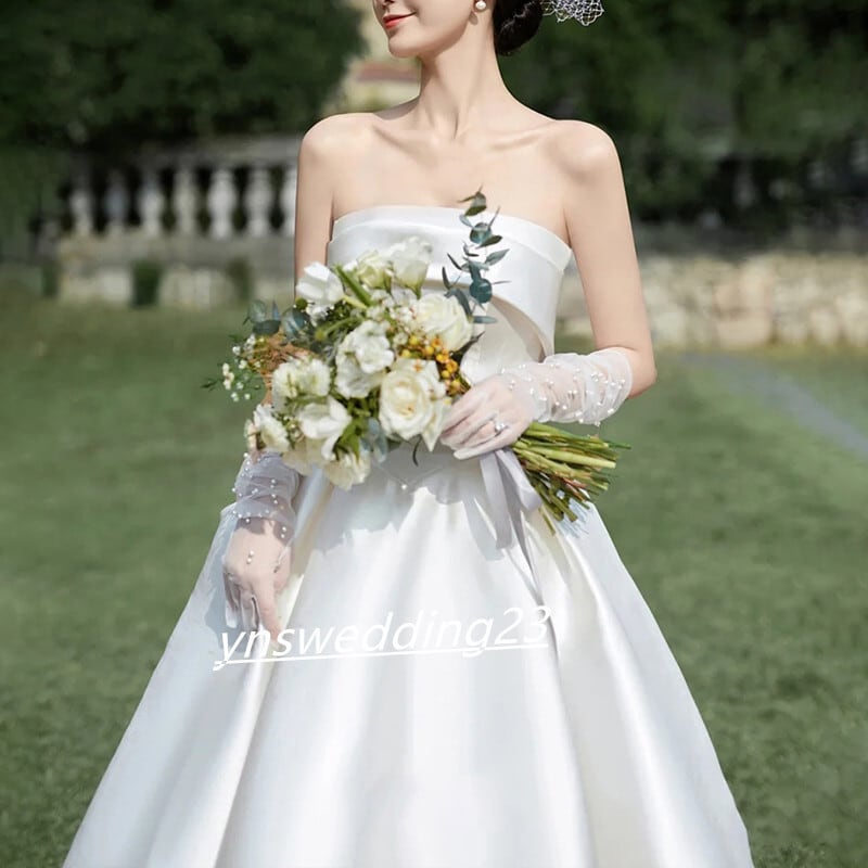 フランス風 ウェディングドレス ホワイト ベアトップ 結婚式 2次会