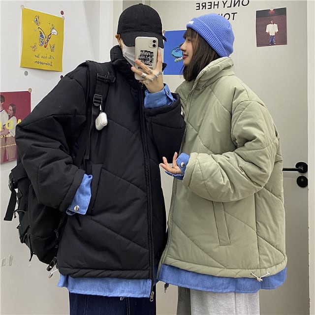 【予約販売】ダウンジャケット アウター ショート丈 キルティング スタンドカラー ユニセックス お揃い 男女兼用 シンプル 防寒 メンズ ブラック カーキ 防寒 お洒落 こなれ感 ベーシック 秋冬 大きいサイズ M/L/XL/2XL