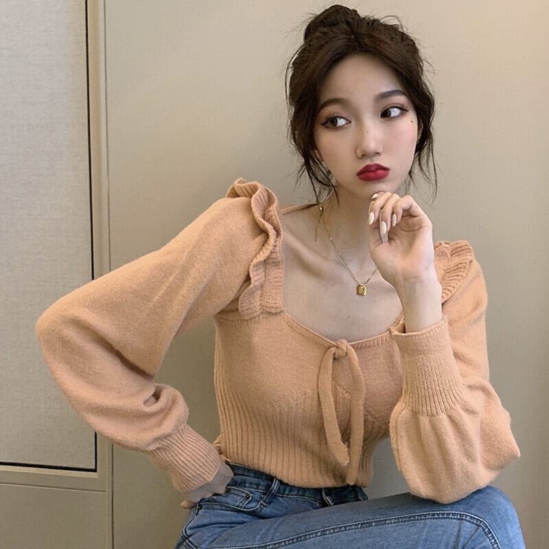 レースプルオーバー セーター オータムスタイルスリーブトップス レディース 秋物 スクウェア ガールズファッション55932499749