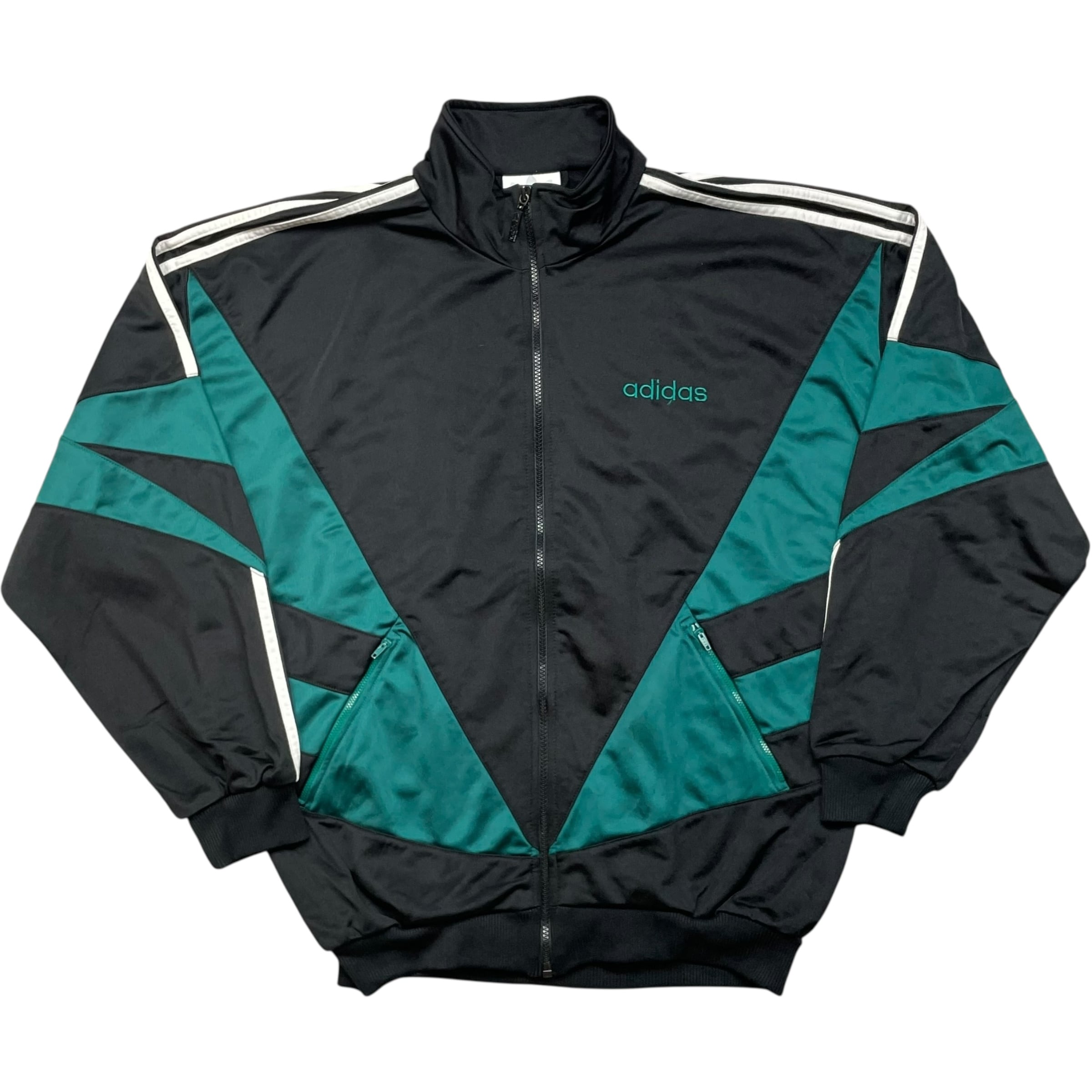 《L》 adidas アディダス トラックジャケット 刺繍ロゴ ブラック グリーン 80年代〜 no.9065
