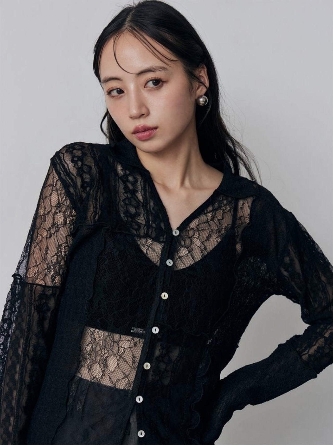 Lace Patchwork Cardigan Top / BLACK - 3