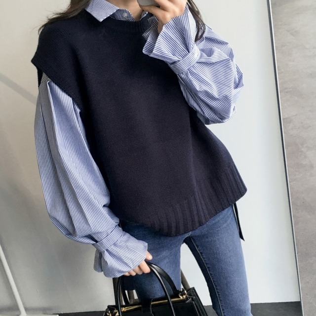 セットアップ レディース 送料無料 ワイシャツ ベスト ツーピース レースアップ キャンディスリーブ ストライプ フリルシャツ セットアップ  レイヤードスタイル おしゃれ スタイル 小顔見せ 着痩せ 体形カバー インスタ トレンド きれいめ かわいい  エレガント フェミニン お出かけ オフィス  通勤 OL  キュート ガーリー 大人かわいい S M スタイルアップ ラフ ゆったり ルーズ こなれ感 レイヤード チェックベスト ホワイトシャツ フロントボタン ベスト