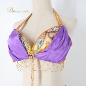 ベリーダンス オリエンタル 衣装 上下セット オレンジ系 トップス スカート 黄 紫 ラインストーン ビーズ 豪華 装飾 フリンジ フリル 光沢 肌見せ セクシー ストーン 華やか ステージ イベント スパンコール イエロー系 パープル系