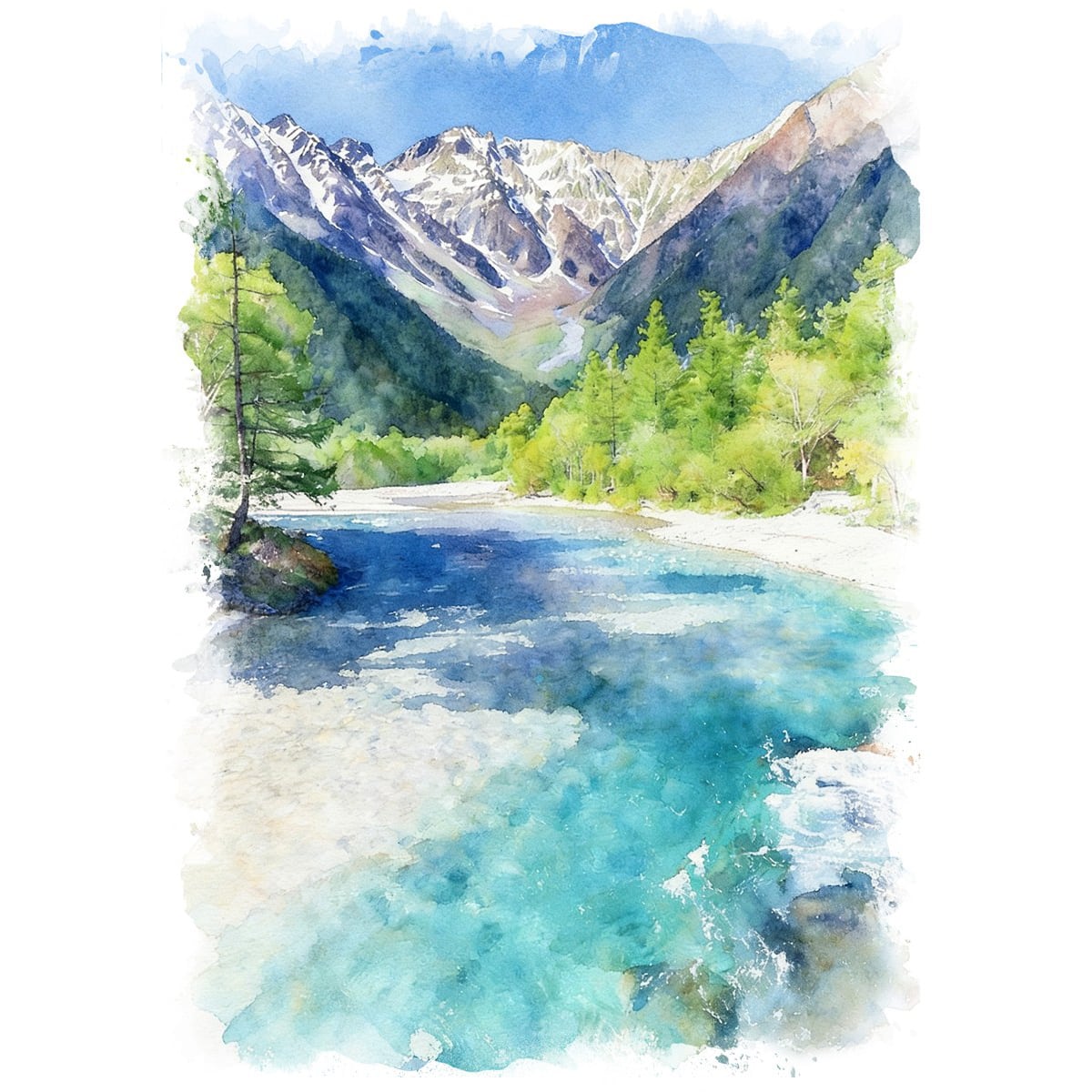 絵画(風景画) 日本 長野県上高地 インテリアアート額付き 水彩画・油絵