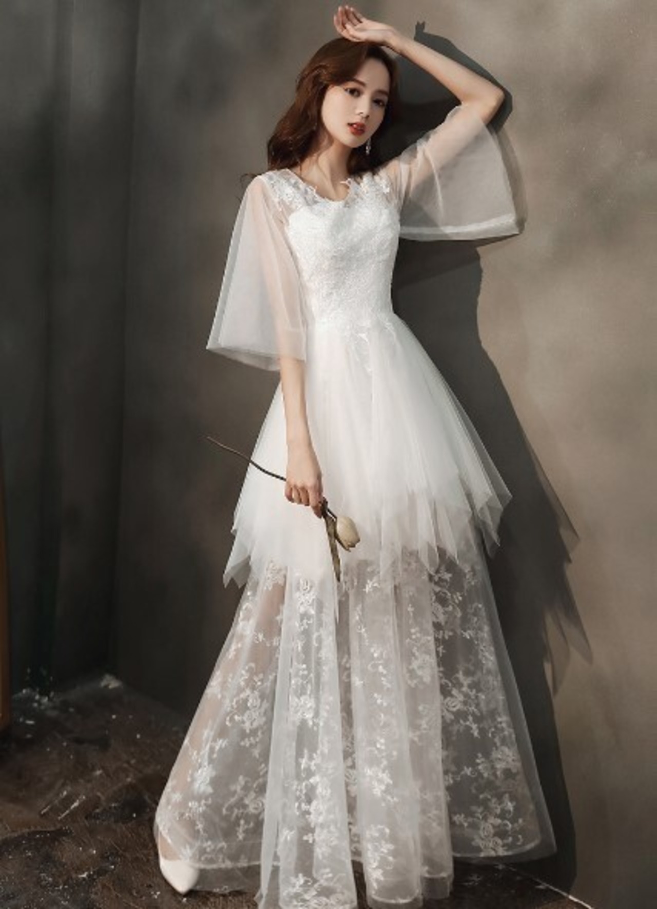 上品！ パーティードレス ホワイト ロング 繊細レース ファスナー  