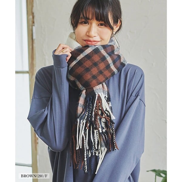 極美品　アヴォカ　大判ストール/ブランケット　モヘアウール　フリンジ　チェック柄 極美品 アヴォカ 大判ストール/ブランケット モヘアウール