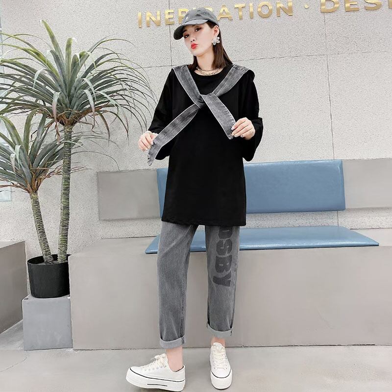 フードラウンドネックTシャツ スプリングルーズトップス 春物 Oネック ミックスインファッション41112210777