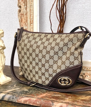 GUCCI グッチ　インターロッキング　GGキャンバス　レザー×キャンバス　クロスボディ　ショルダーバッグ　ブラウン　vintage　ヴィンテージ　オールドグッチ　py4kmk