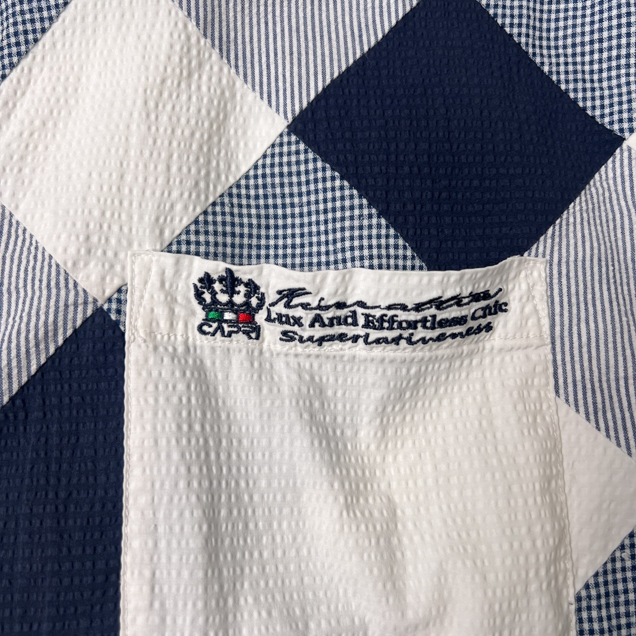 CAPRI カプリ チェック柄切替 BD 半袖シャツ 52/ホワイト ネイビー/シアサッカー /大きいサイズ