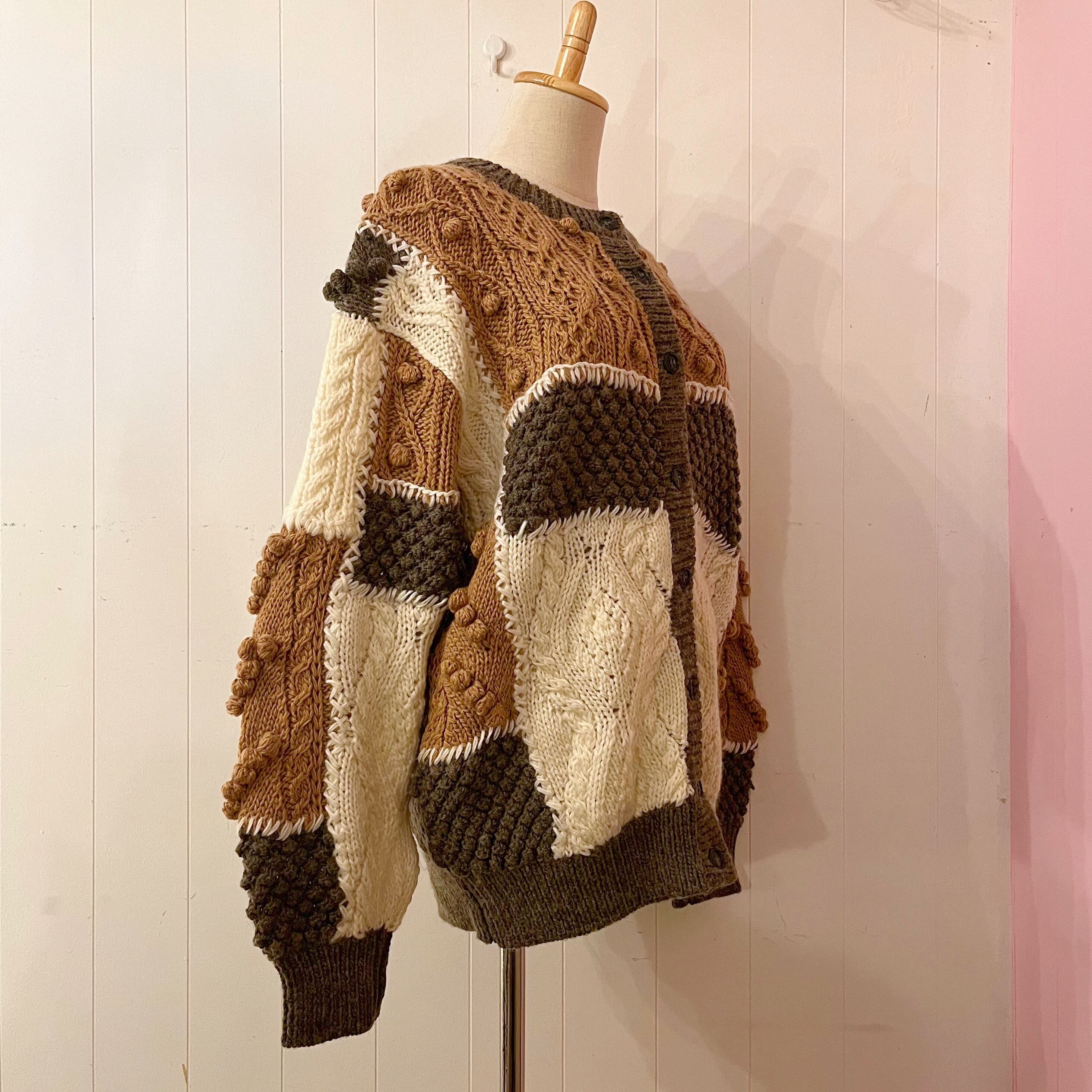 patchwork ponpon knit cardigan