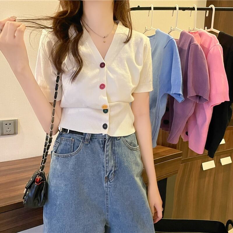 ニットセーター 薄手レディースサマースリムボタンVネックカーディガンショートホワイトトップス 夏物 1号婦人31318174591