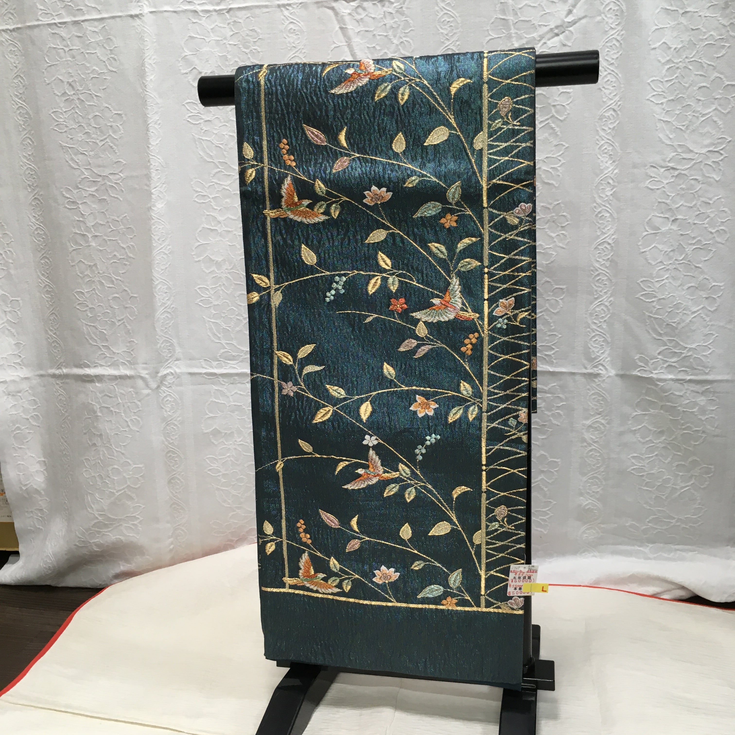 袋帯（ラメ入青緑地枝に花）