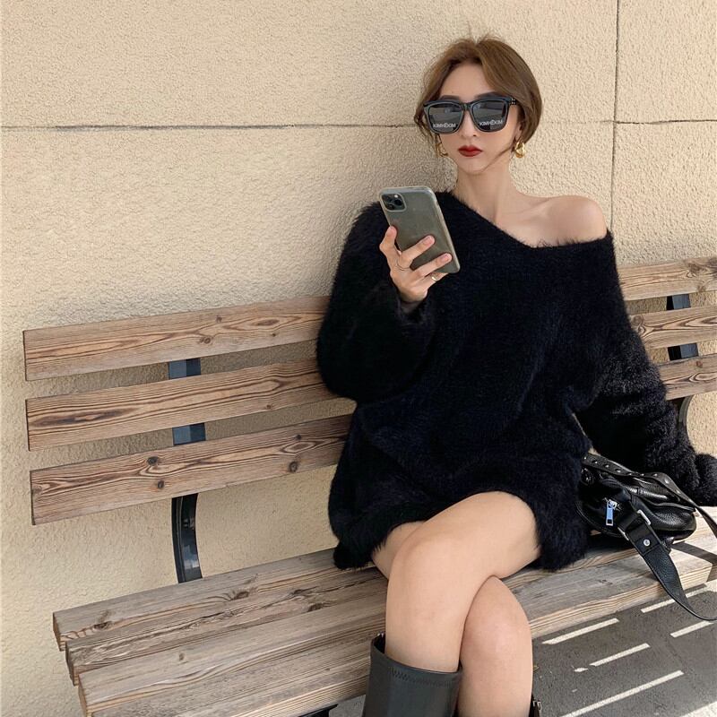 セーター ジャケット レディースオータムウィンターブラックVネックルーズニットトップス 秋物 冬物 ブラックストロベリース82320363151