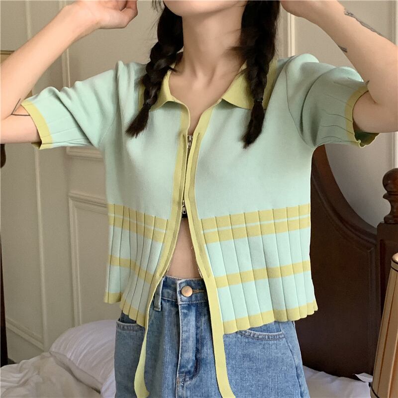 ニットセーター カラーショートジッパー半袖スリーブカーディガンジャケット サマー薄手グリーントップス ハーフスリーブ 夏物 シルク ブラックストロベリース53899732963