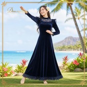フラダンス 衣装 ALOHA STANDARDS アロハスタンダード ワンピース ドレス ネイビー系 日本製 ベロア レース フリル 長袖 無地 光沢 上品 きれい 高級感 エレガント かわいい 華やか 鮮やか ハワイアン アロハ フラ ダンス レッスン 練習