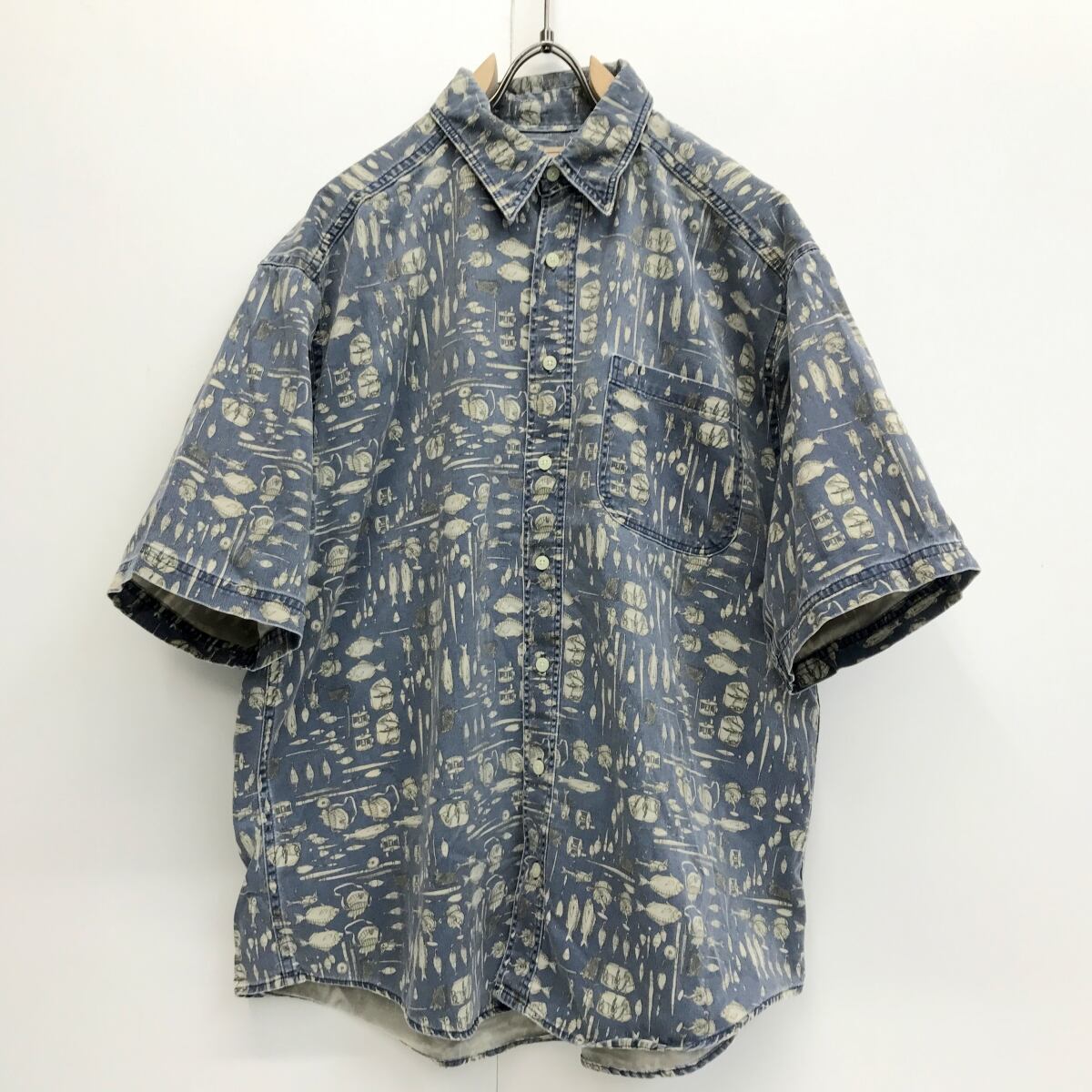 アロハシャツ チェック 柄シャツ USA 90s 半袖 魚 ネイビー 総柄