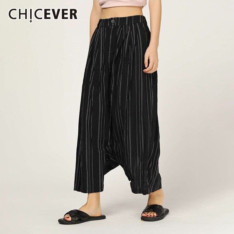 CHICEVERスプリングストライプレディースクロスパンツボタンフライポケットボトムスプリットルーズオーバーサイズ足首丈パンツ2020 春物 6base52210296840