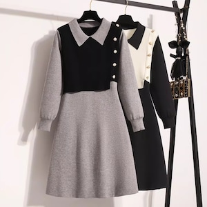 2色／サイドボタンベストドッキングニットワンピ ・73986