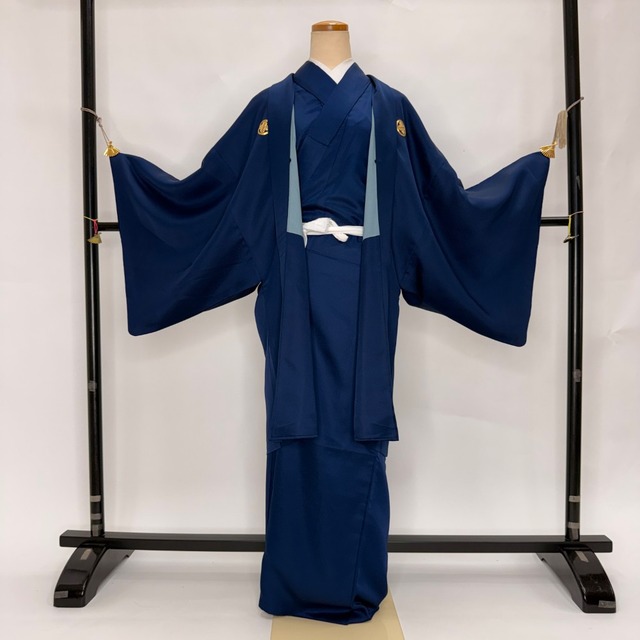 男紋付 男着物 紋付 ポリエステル 羽織 長着 裄72.8cm 2L size 青 五つ紋 中古 成人式 舞台衣装  6369