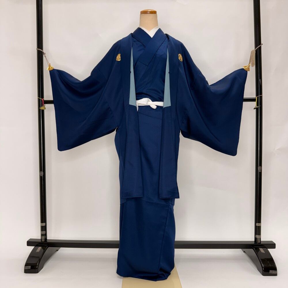 男紋付 男着物 紋付 ポリエステル 羽織 長着 裄72.8cm 2L size 青 五つ紋 中古 成人式 舞台衣装 6369
