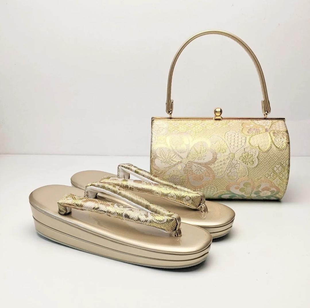 草履バッグセット 帯地 唐草 金糸 フリーサイズ ゴールド 青 ブルー