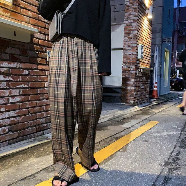 ワイドパンツ　メンズ　チェック柄ボトムス　２ＸＬ　ゆったり　ストレート