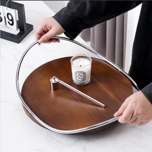木製 トレイ ステンレス ハンドル 持ち手付き 円形 ウォールナット ナチュラル おしゃれ 北欧 モダン ディスプレイトレイ インテリア雑貨 小物置き アクセサリートレイ