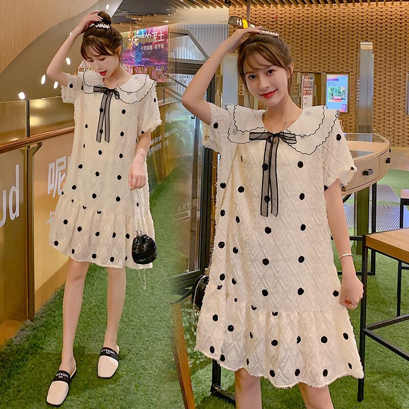 【新作】【送料無料】 新しいファッションの水玉人形の襟のフィッシュテールミドル丈ルーズマタニティドレスのマタニティウェア2020夏バージョン-アリババ サマー 夏物 expec288697053036