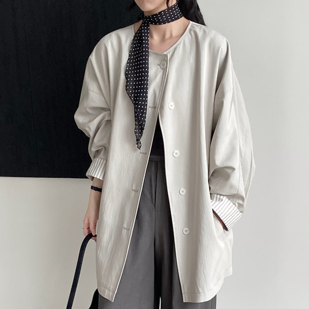 No collar roll up stripe single breasted coat M013