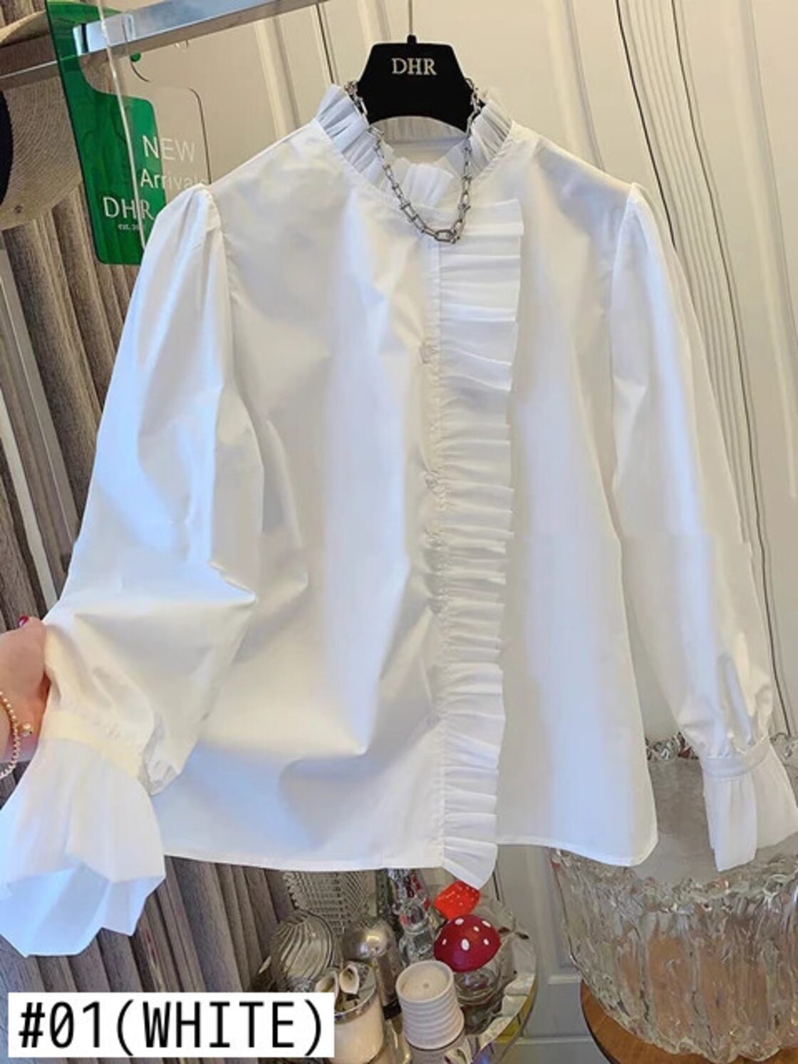 ブラウス 2024 白シャツフレンチフリルルーズ立ち襟長袖 Blusa トップ 