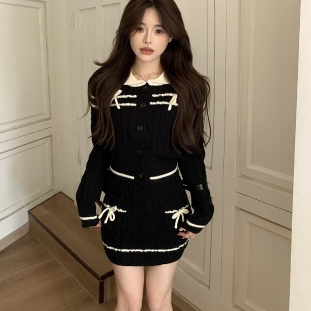 【予約販売】セットアップ レディース 無地 ニット リボン ミニスカート カーディガン ブラック バイカラー ゆったり こなれ感 大人可愛い きれいめ 楽ちん エレガント おしゃれ 旅行 韓国 秋冬トレンド フリー