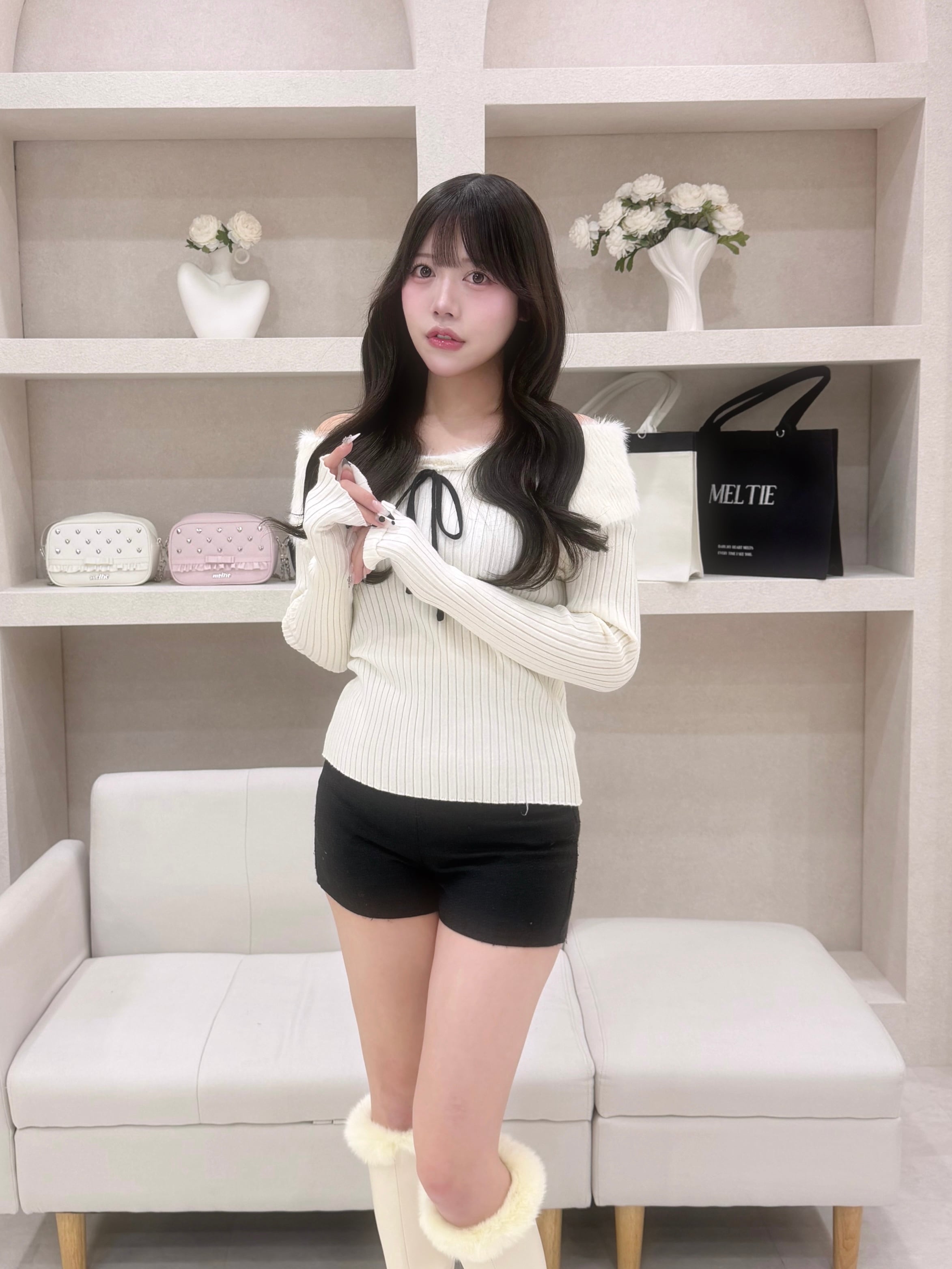 fluffy ribbon offshoulder knit