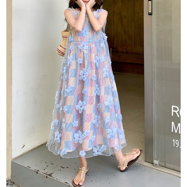 fairy blue flower bloom layered dress【set up】  e1987
