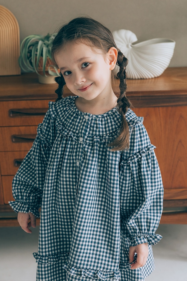 Wフリルギャザーワンピース<Navy check>