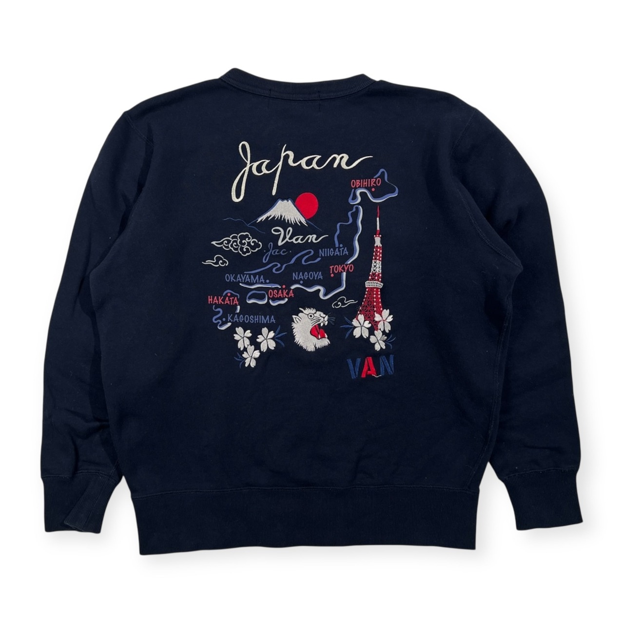 VAN JAC ヴァンヂャケット スカジャン風 エンブロイダリー 刺繍 プリント スウェット トレーナー サイズ M /ネイビー