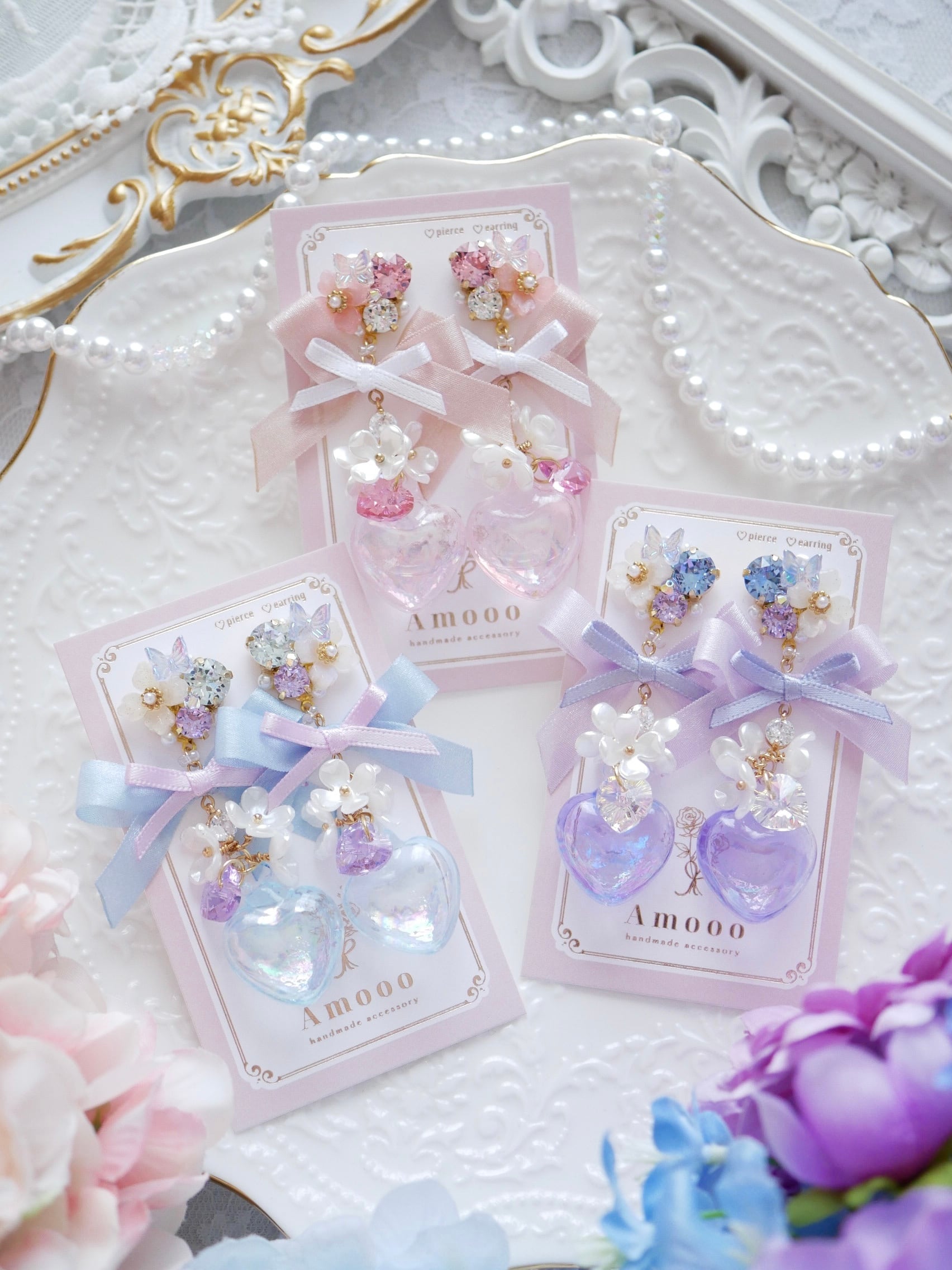 355】ガラスドームとお花のイヤリング／ピアス 【公式通販】