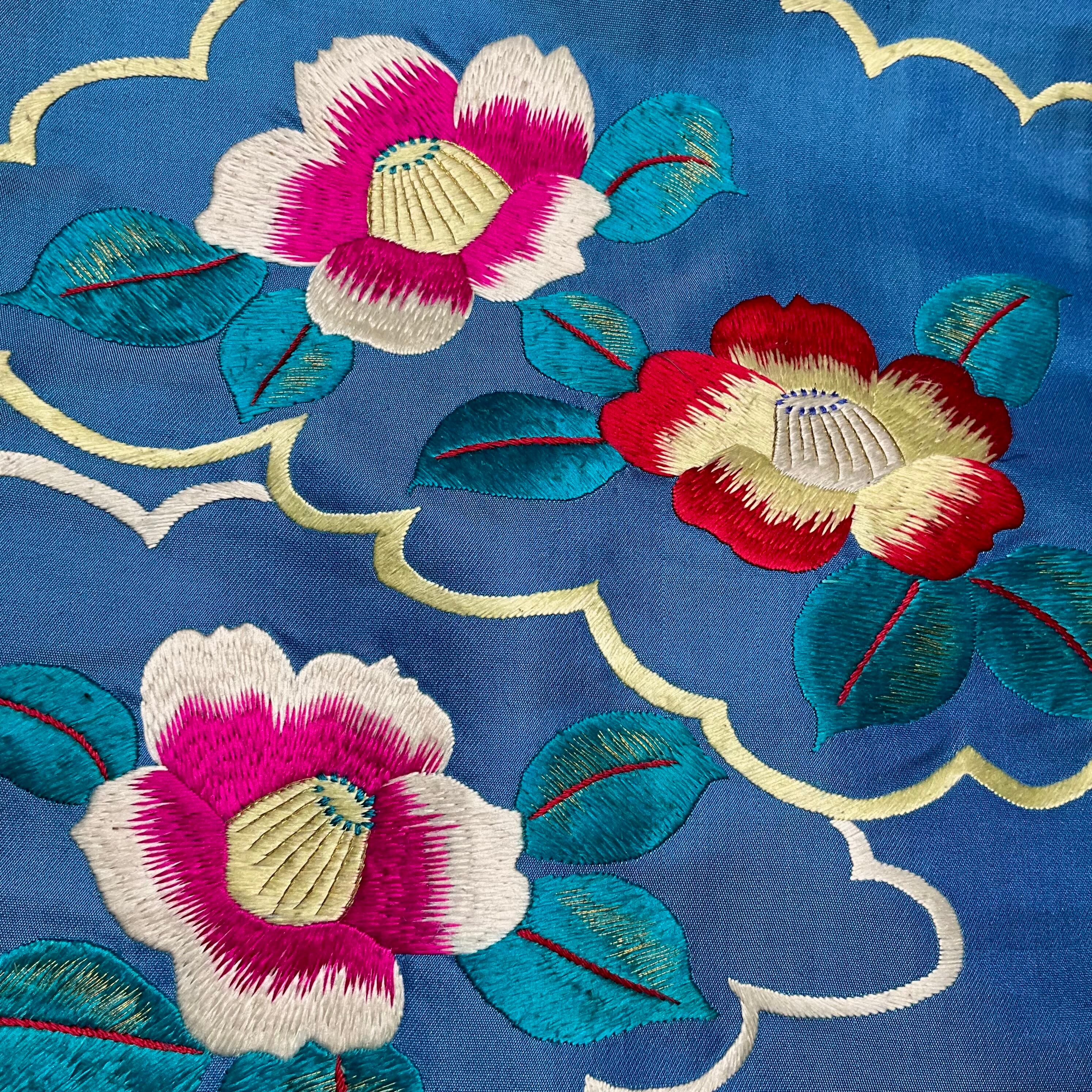 ツバキ浪漫＊椿 雲取り 刺繍 繻子 ブルー 青 花 アンティーク名古屋帯