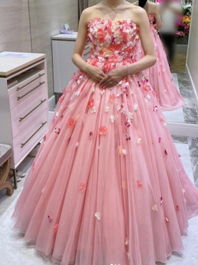 カラードレス ピンク くるみボタン チューブトップ ノースリーブ A  