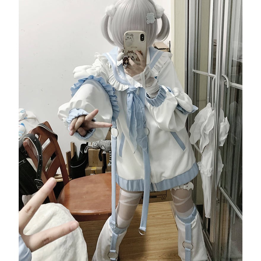 MILK ミルク 音符ラインジャージ ロリータ サブカル天使界隈ジャージセット白水色フリル袖レッグカバー付きライブ