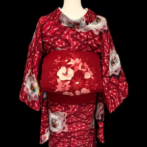 名古屋帯 なごや帯 中古 赤 花文様 リサイクル帯 帯 カジュアル着物 リサイクル着物 きもの 着物 kimono