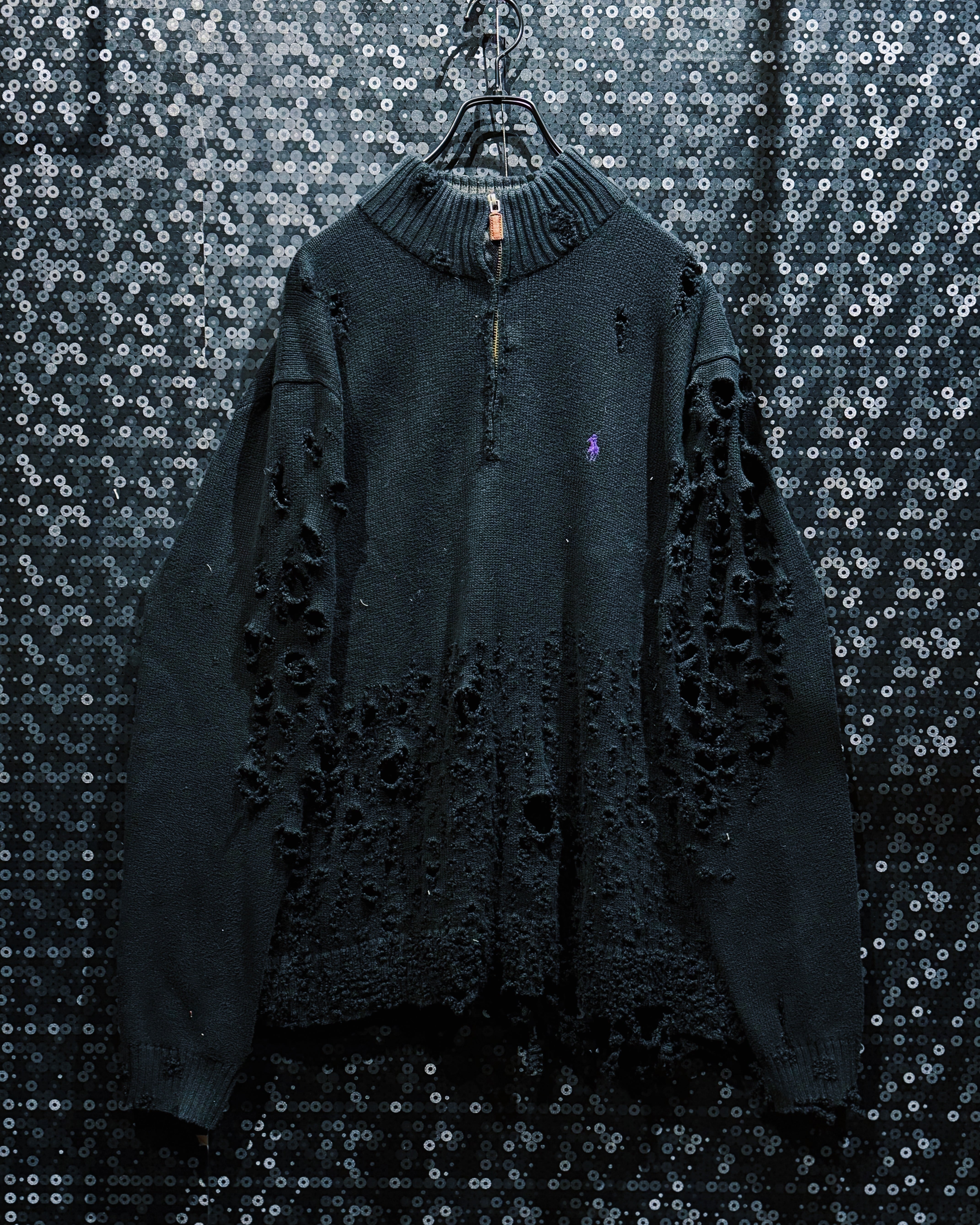 【ÆIEM】original”boro”remake”Ralph Lauren distressed half-zip knit sweater”