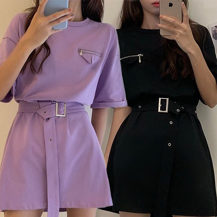 Tシャツ ワンピース ベルト付き ブラック 韓国ファッション レディース 黒 無地 ラウンドネック オーバーサイズ 半袖 シンプル 大人可愛い ガーリー Waist Slim Round Neck T Shirt Dress Dtc Value Rave Notice バリューレイヴノーティス 韓国