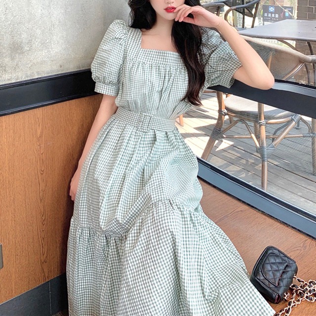 送料無料 2色 ギンガムチェック レトロガーリー ワンピース 半袖ワンピース ロングワンピース ロング丈 マキシワンピース マキシ丈 ティアード ワンピース ティアード フレアワンピース フレアシルエット スクエアネック 半袖 パフスリーブ ハイウエスト 脚長効果 ウエスト