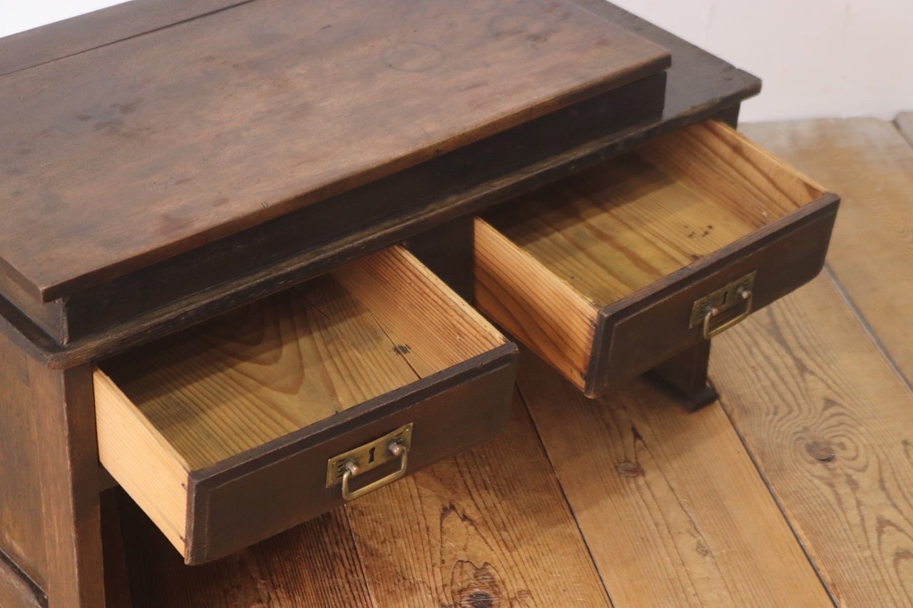 レトロ 文机 ローテーブル 座卓 帳場机 跳ね上げ天板 無垢材 引き出し