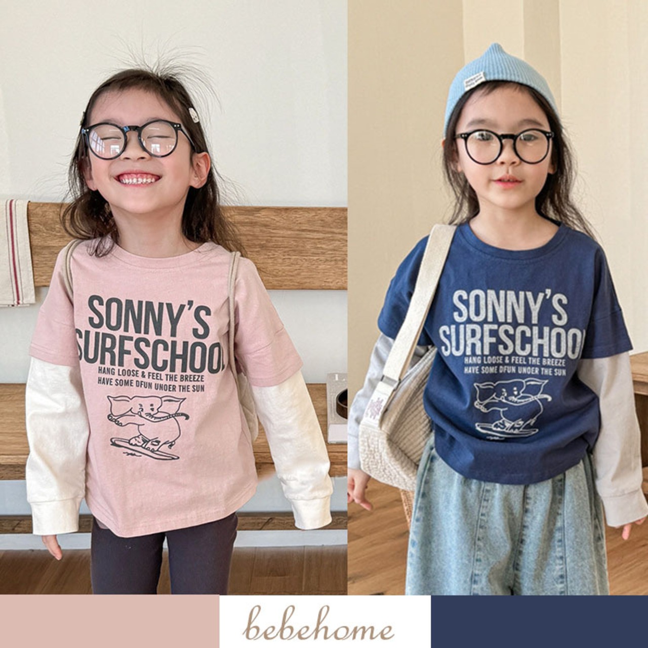 秋フェイクレイヤード英字柄Tシャツ2色