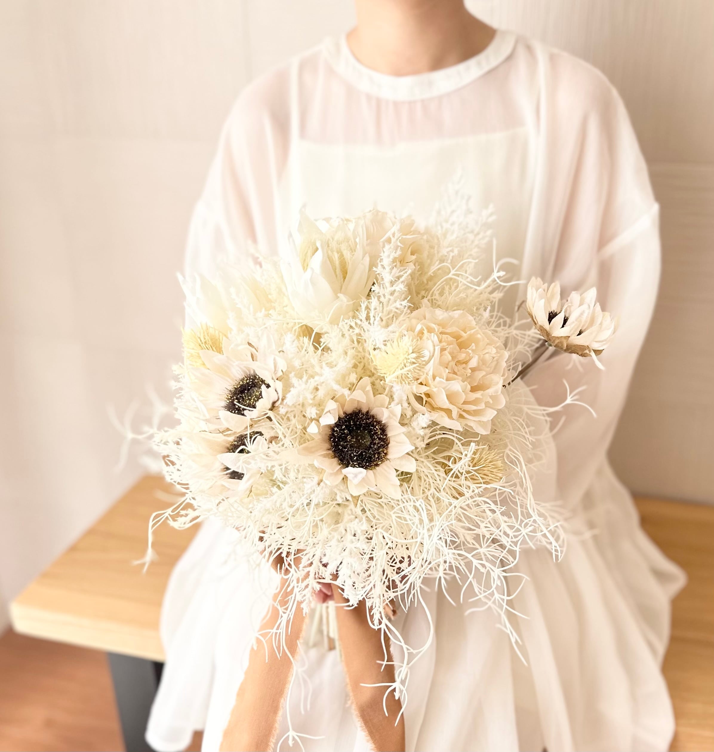 アンティーク調ひまわりブーケ＆ブートニア ドライ風ブーケ