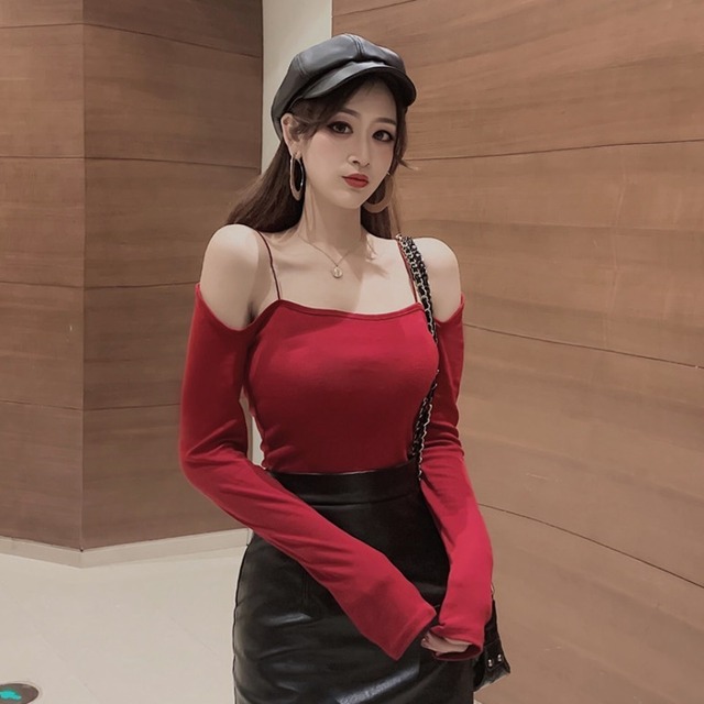 ストラップレスショートTシャツ オータムスリムトップス ロング レッド 秋物 YY-ファッション36110944926